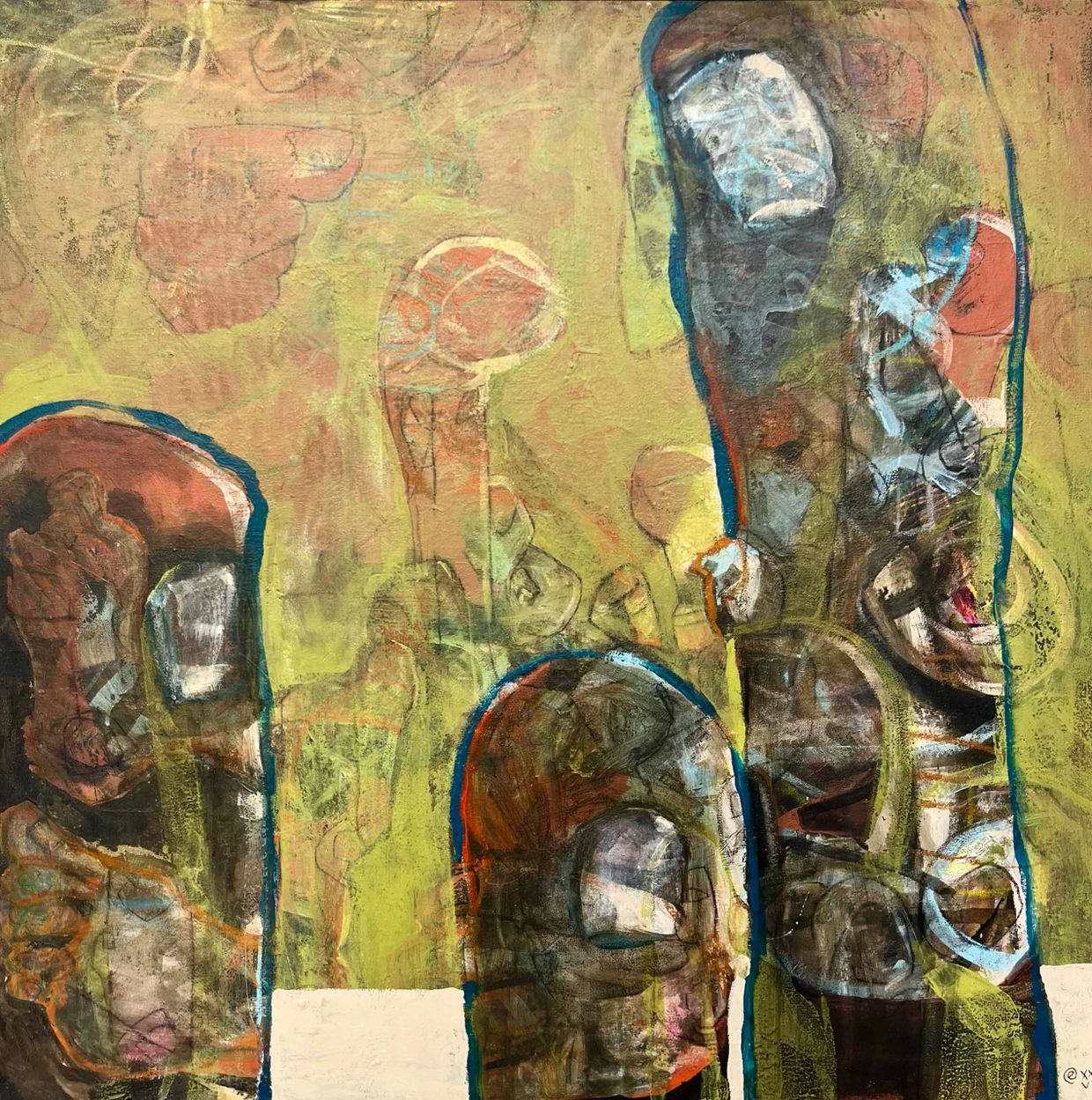 Abstract painting with layered human faces and shapes in earthy tones.
