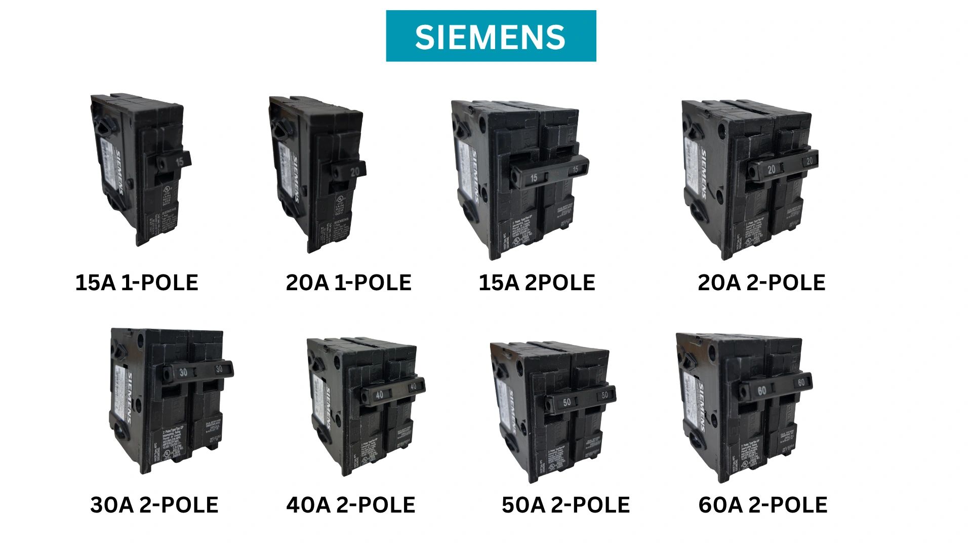 Various Siemens circuit breakers with different amperage and pole configurations.