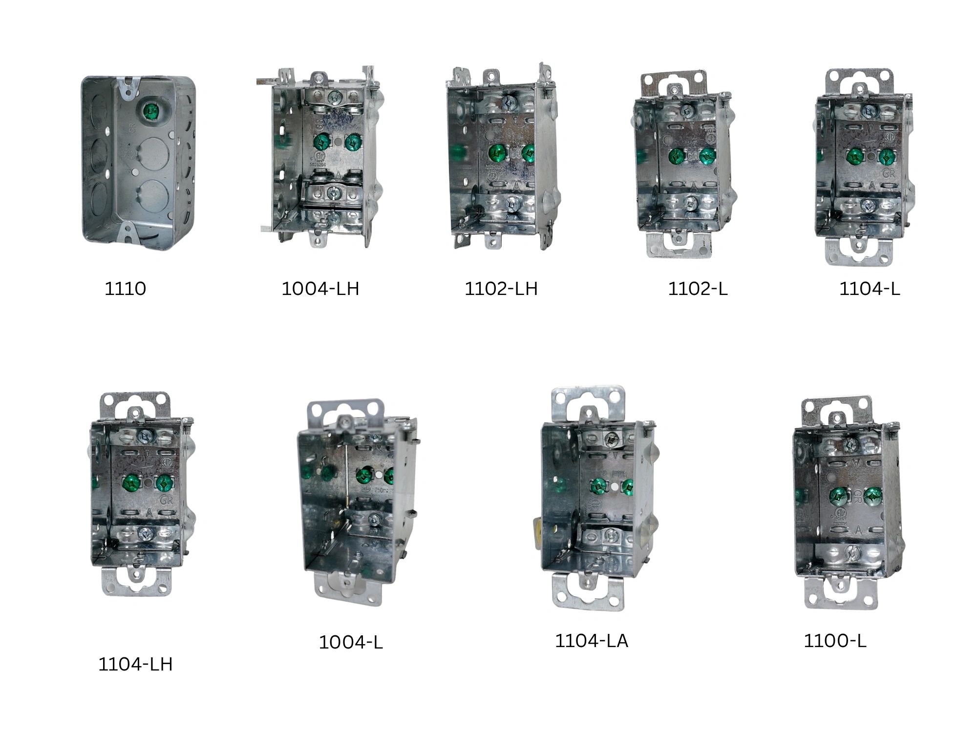 Various types of metal electrical boxes labeled with model numbers on a white background.