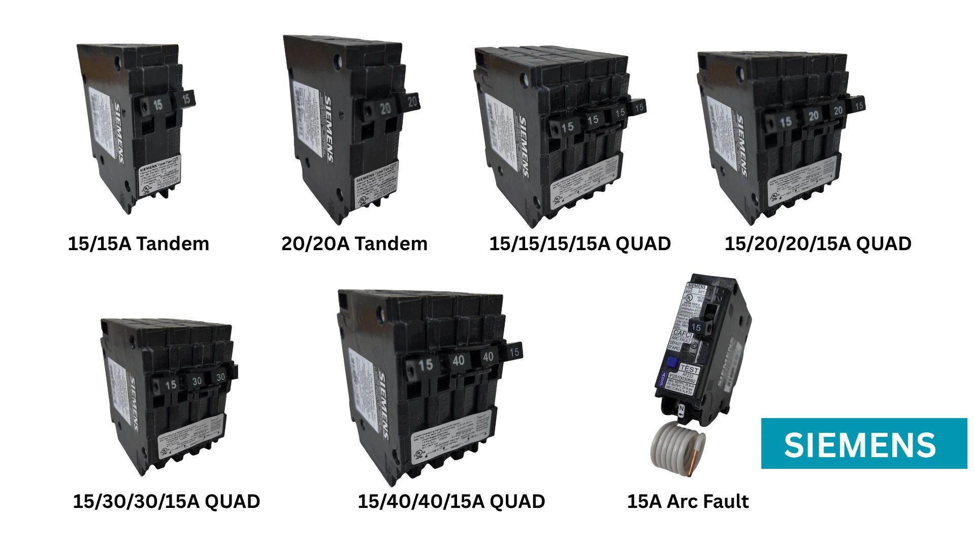 Various Siemens circuit breakers labeled with different amperage ratings and types.
