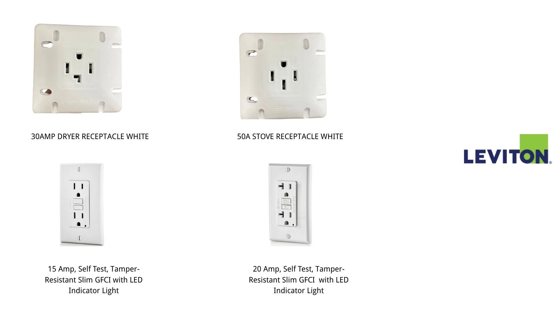 Four types of Leviton electrical receptacles with descriptions and logo.