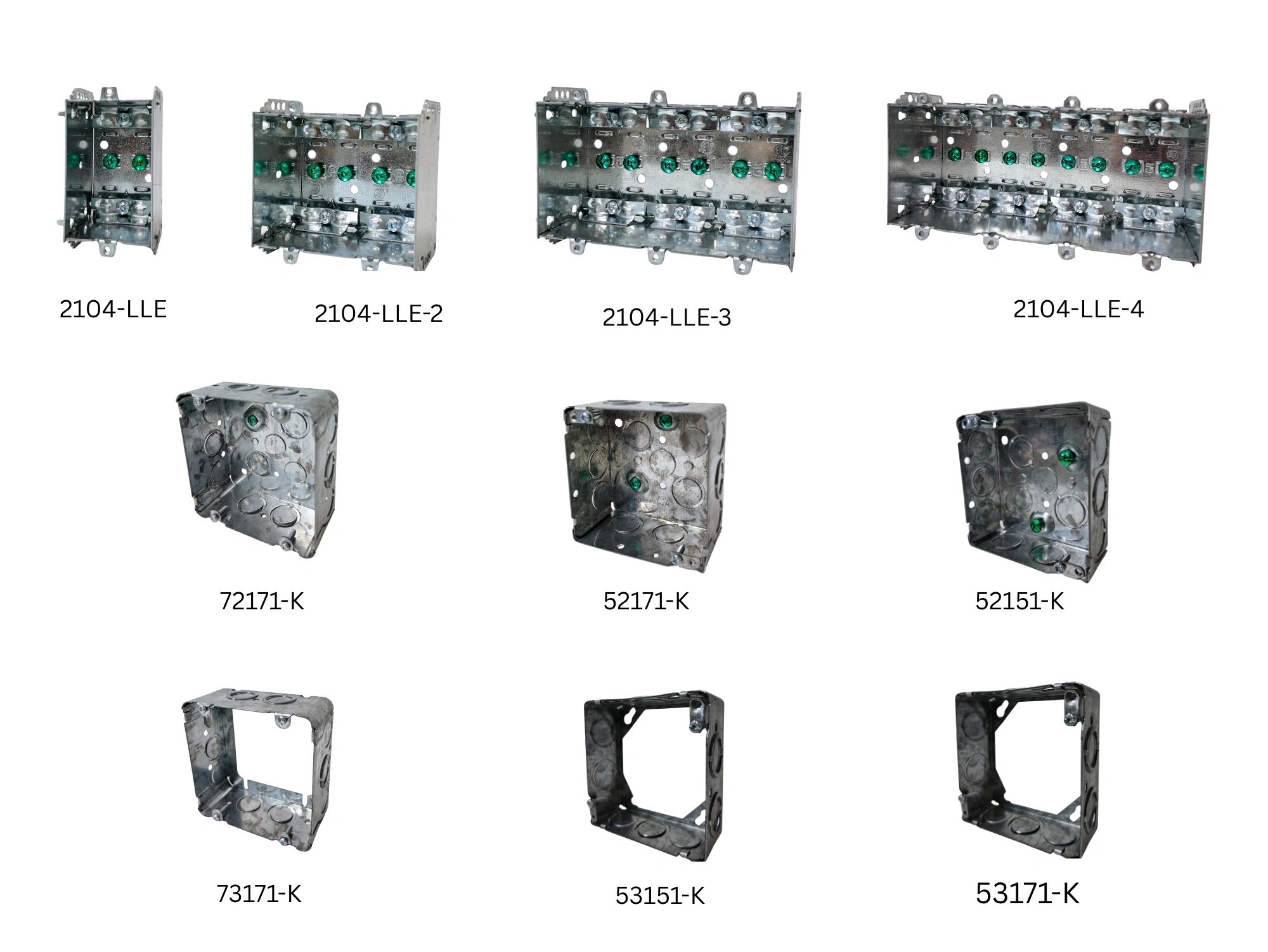 Various metal electrical junction boxes with different sizes and model numbers.