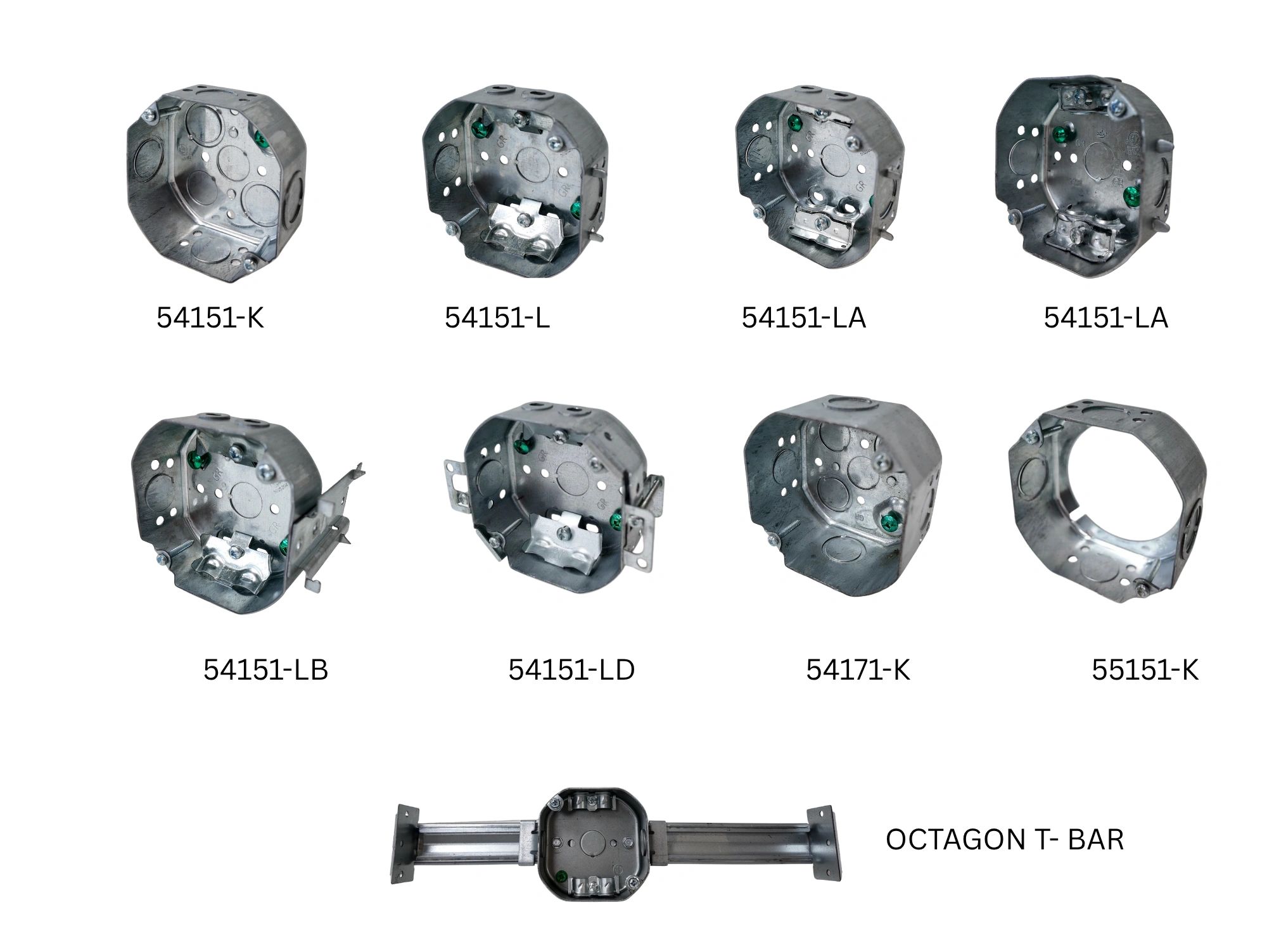 Various metal electrical boxes and an octagon T-bar labeled with part numbers.