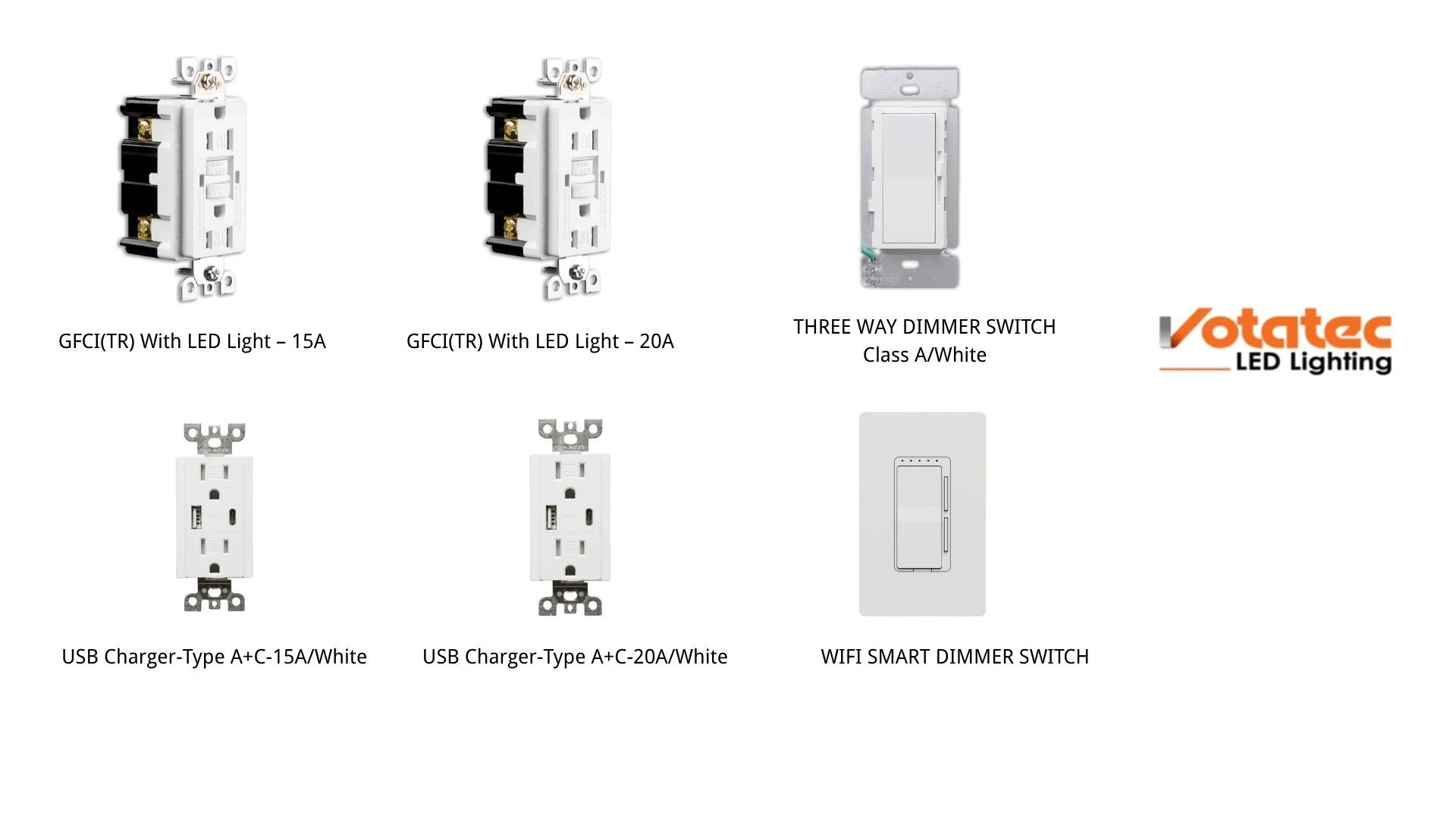 Various electrical switches and USB charger outlets from Votatec LED Lighting.
