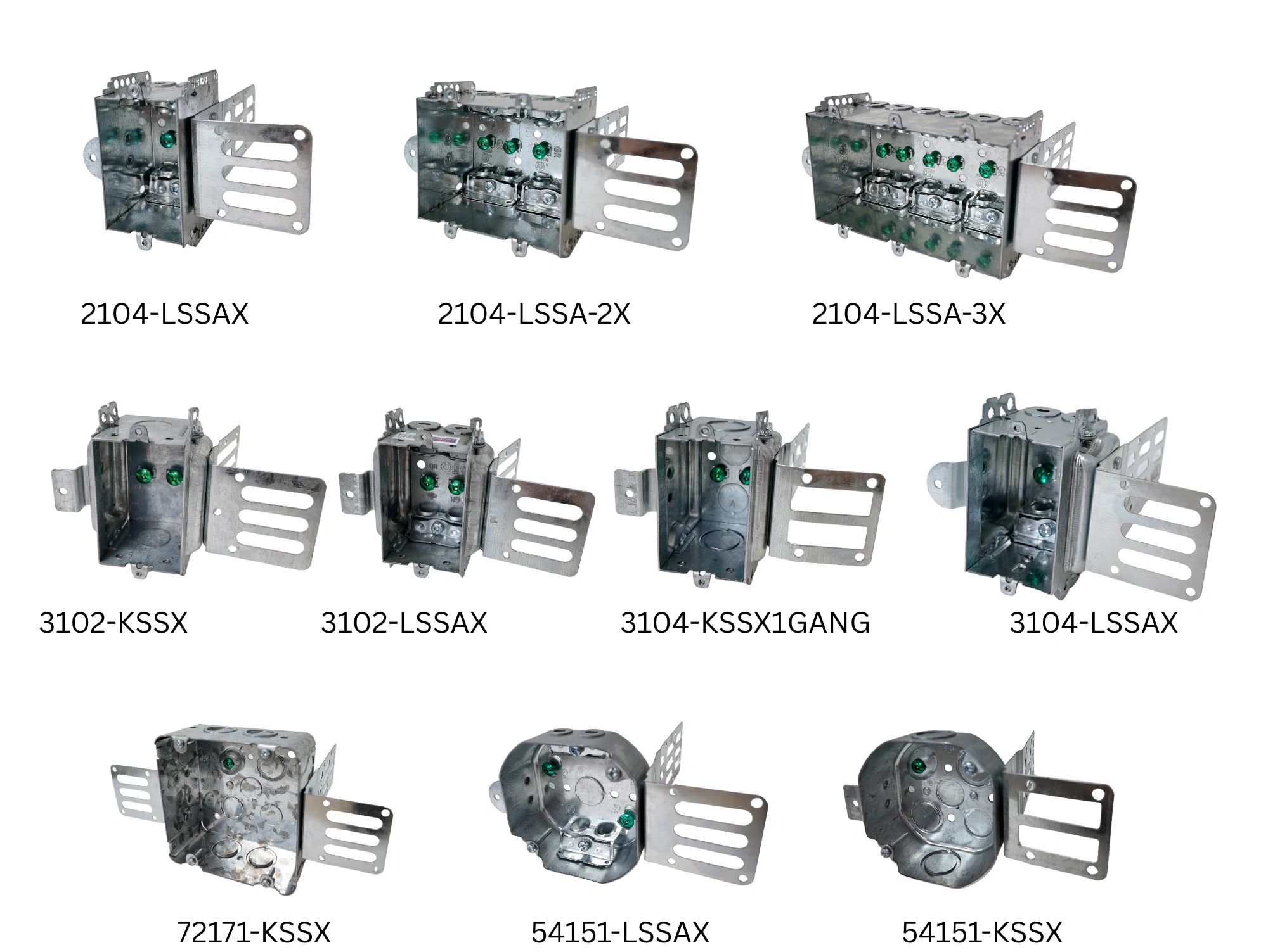 Metal electrical boxes of various models arranged in three rows on white background.