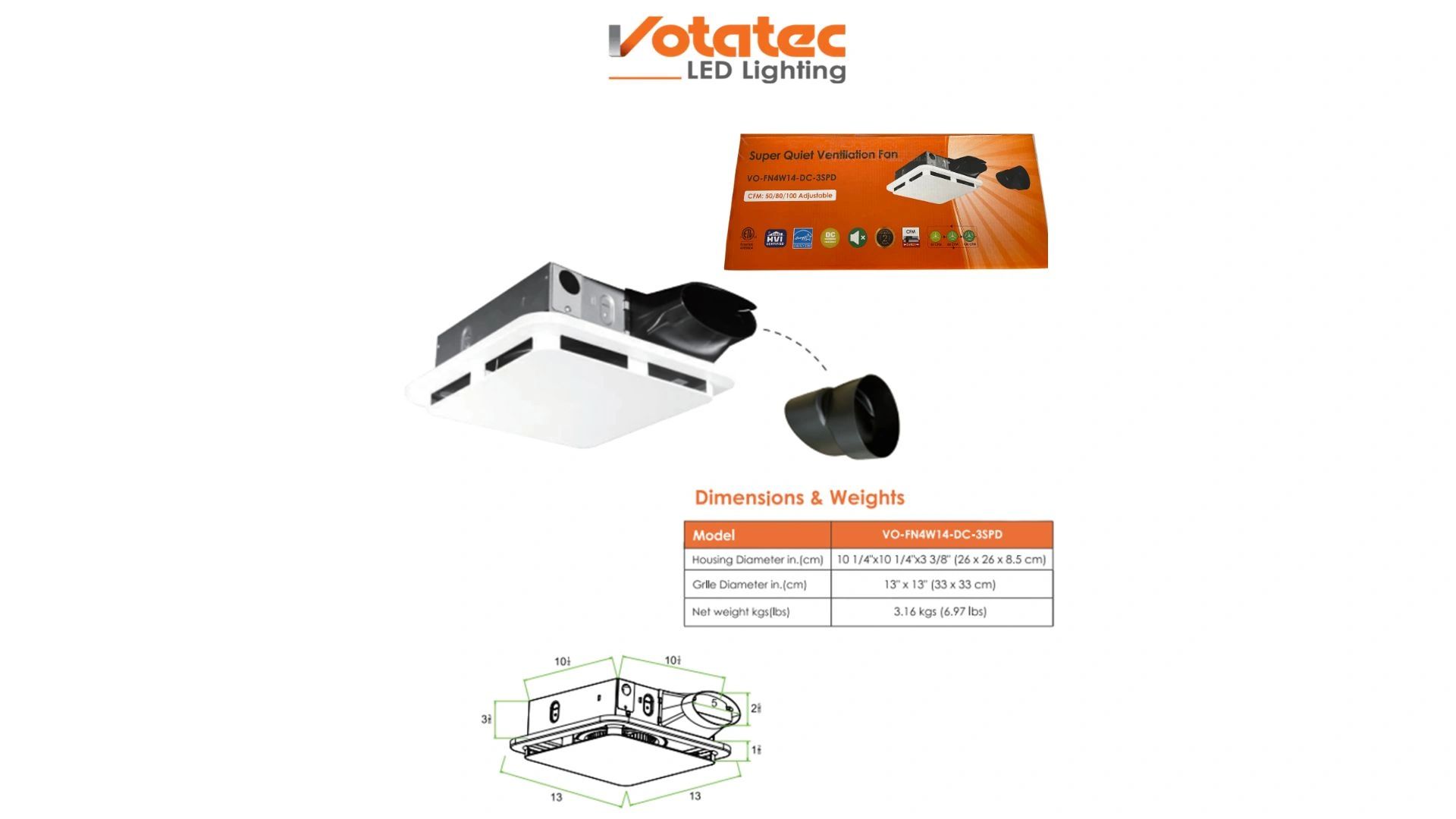 Votatec super quiet ventilation fan with adjustable CFM and detailed dimensions.