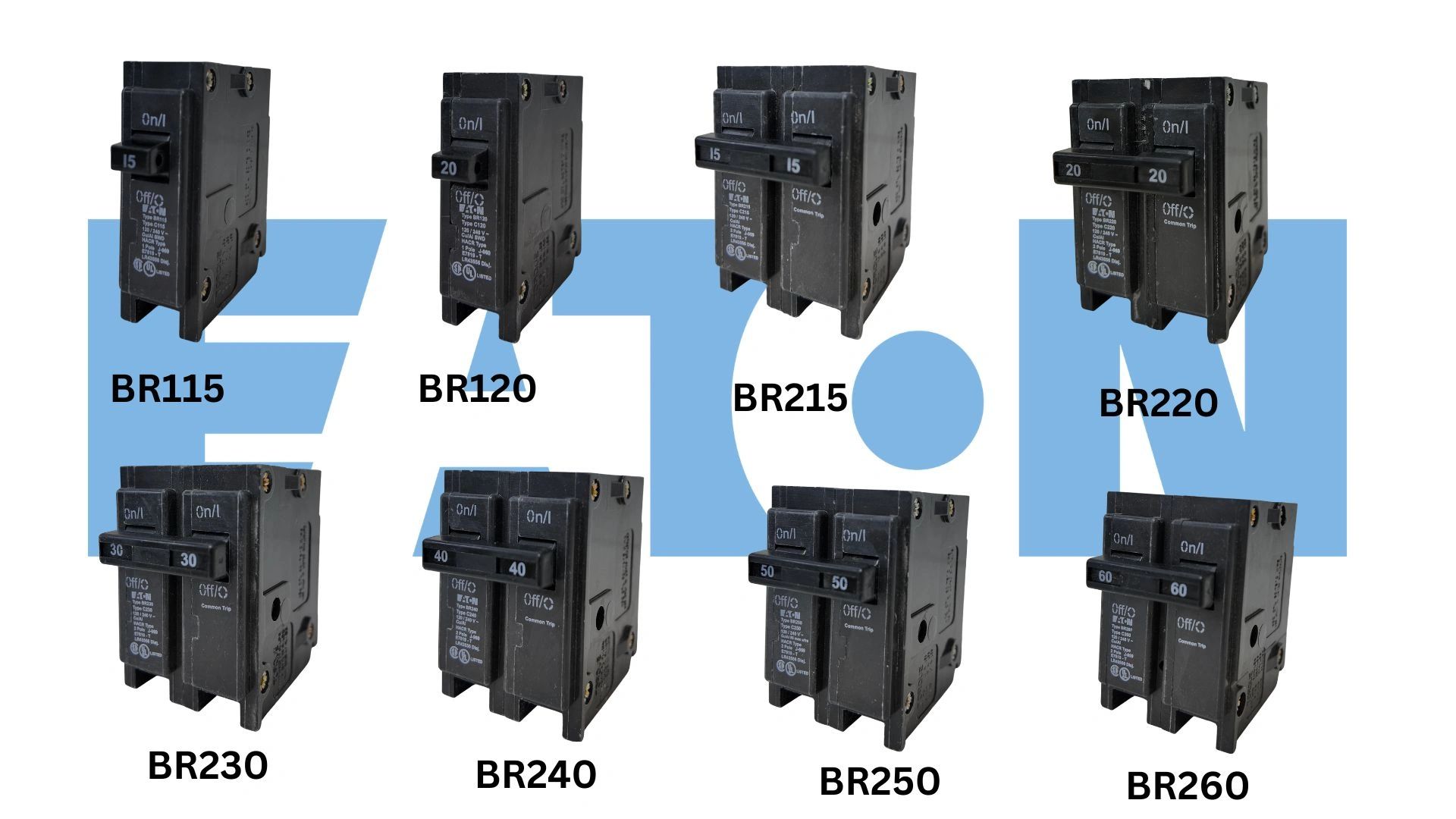 Various Eaton circuit breakers labeled BR115 to BR260 with different amperages.