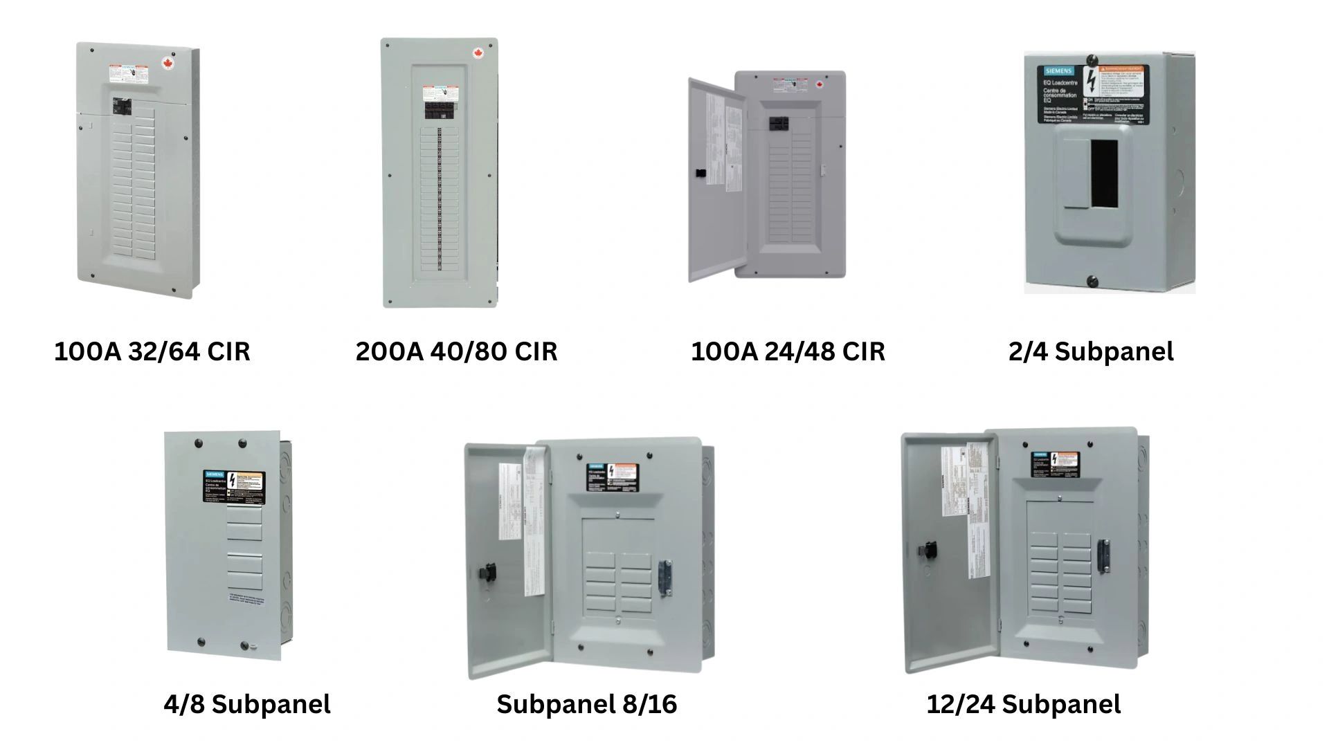 Various electrical circuit breaker panels and subpanels with different capacities and configurations.