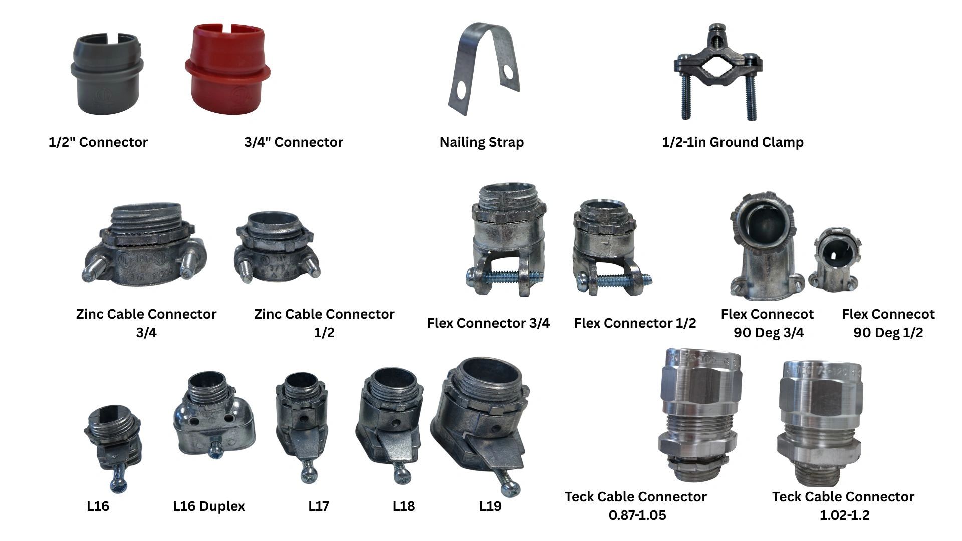 Various electrical connectors and clamps organized in labeled rows on a white background.