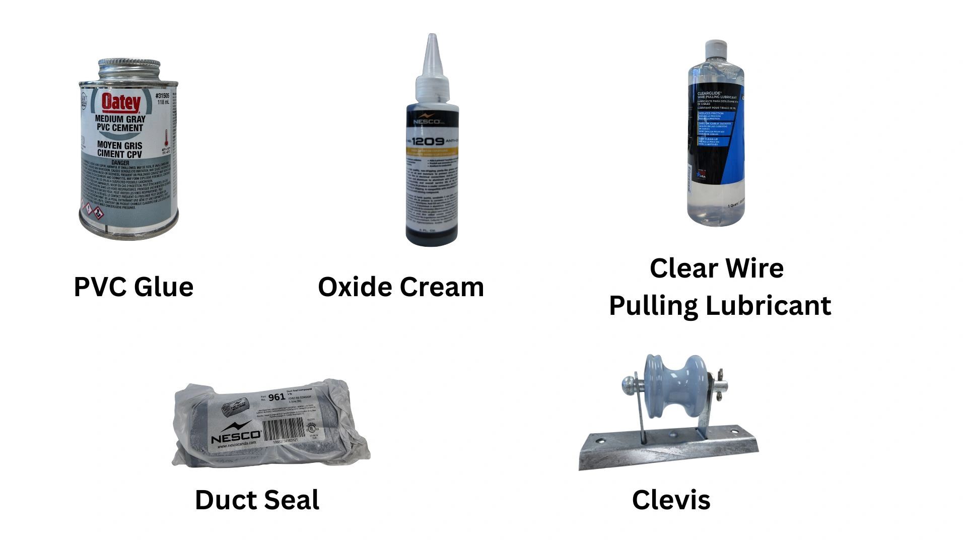 Various construction and electrical supplies labeled with their names.