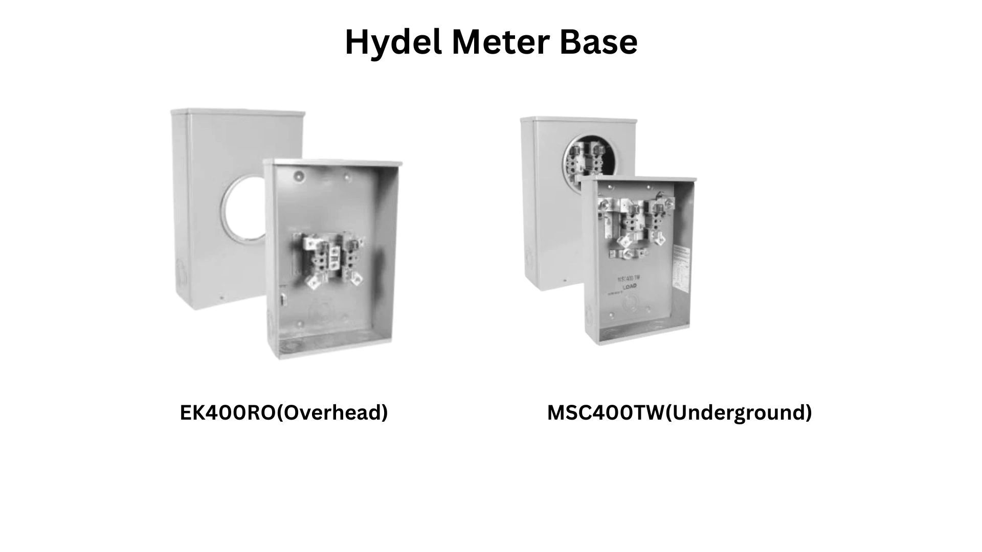 Two types of Hydel Meter Bases: EK400RO for overhead and MSC400TW for underground use.