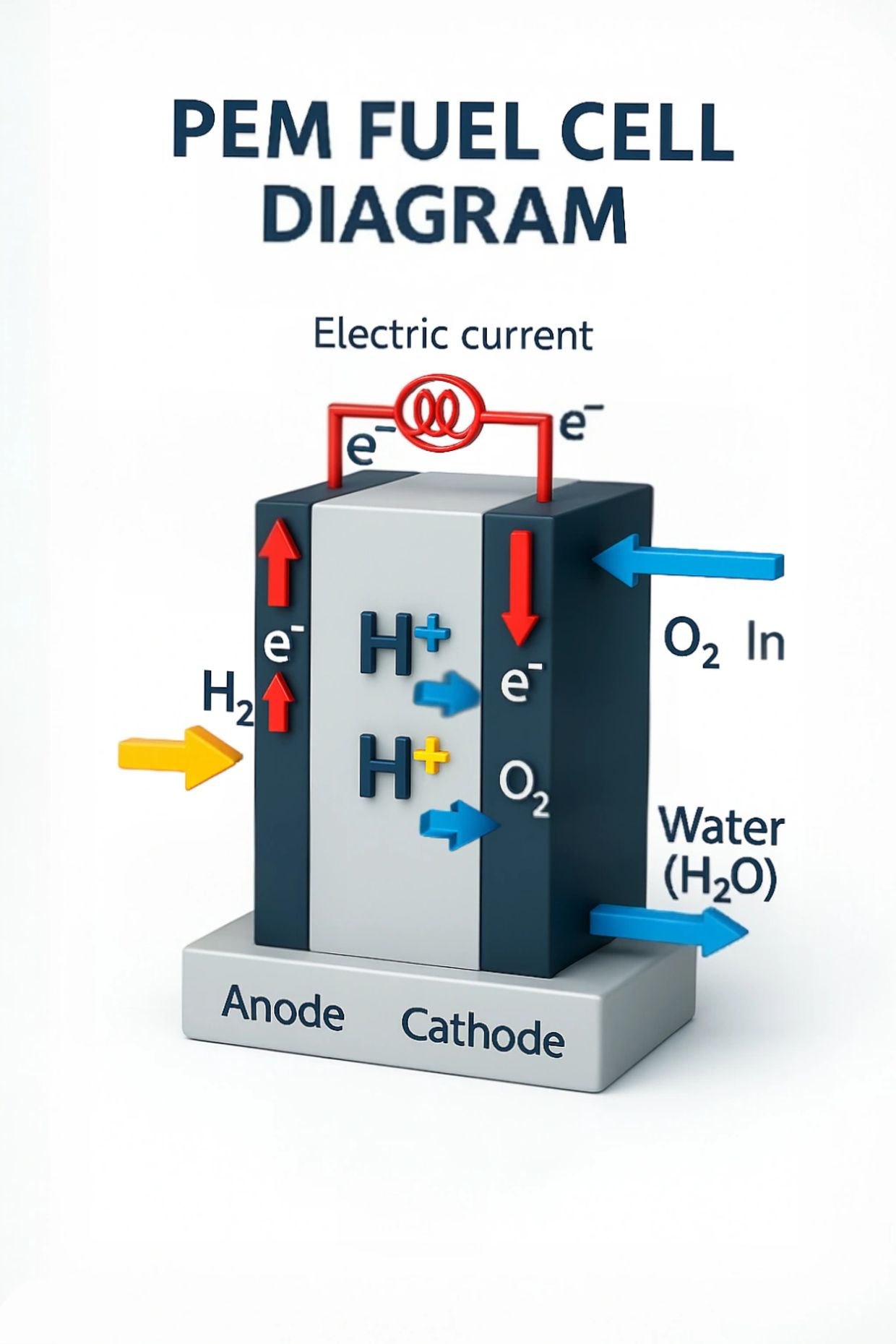 ภาพแสดงโครงสร้างการทำงานของเซลล์เชื้อเพลิงไฮโดรเจนแบบ PEM ที่แปลงพลังงานเคมีเป็นไฟฟ้า
Diagram show 