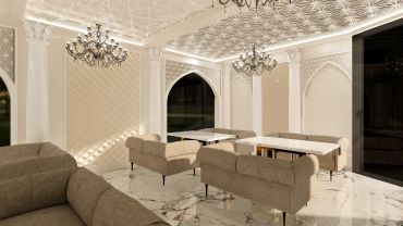 Elegant lounge with chandeliers and beige sofas.