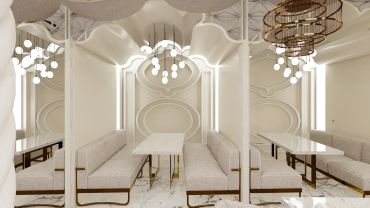 Elegant beige dining area with modern lighting.