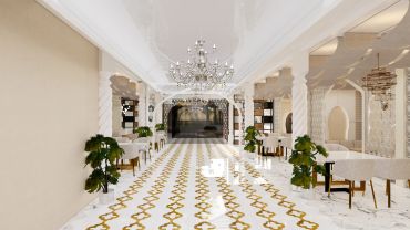 Elegant dining space with chandeliers and patterned flooring.