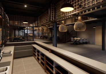 Modern industrial-style kitchen and dining area with wooden accents.