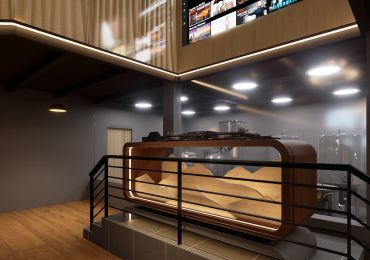 Modern interior with wooden and metal finishes and TV screen.