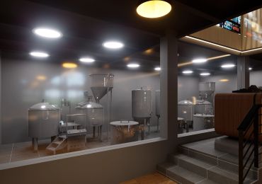 Modern brewery tanks behind glass partition with dim lighting.