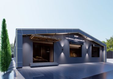 Modern building facade with SSP Vennala Brewery sign.