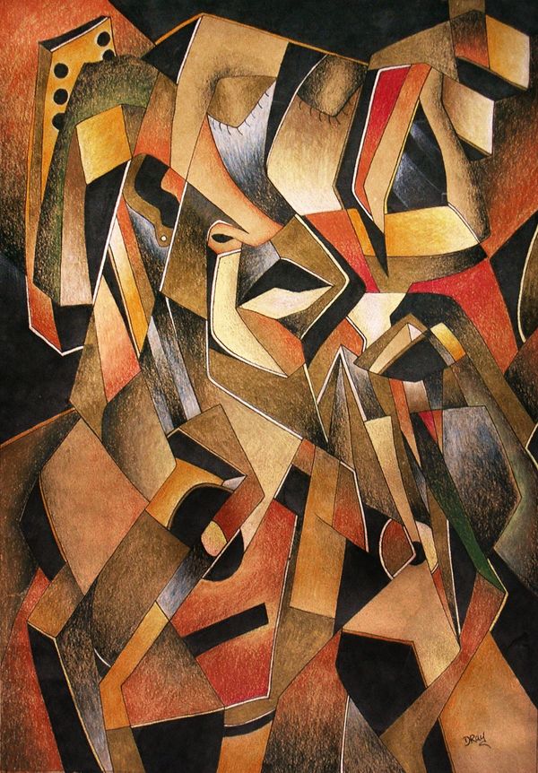 Abstract cubist painting with geometric shapes in earthy tones.