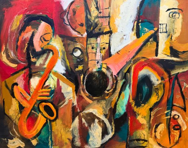 Abstract painting of musicians playing instruments in vibrant colors.
