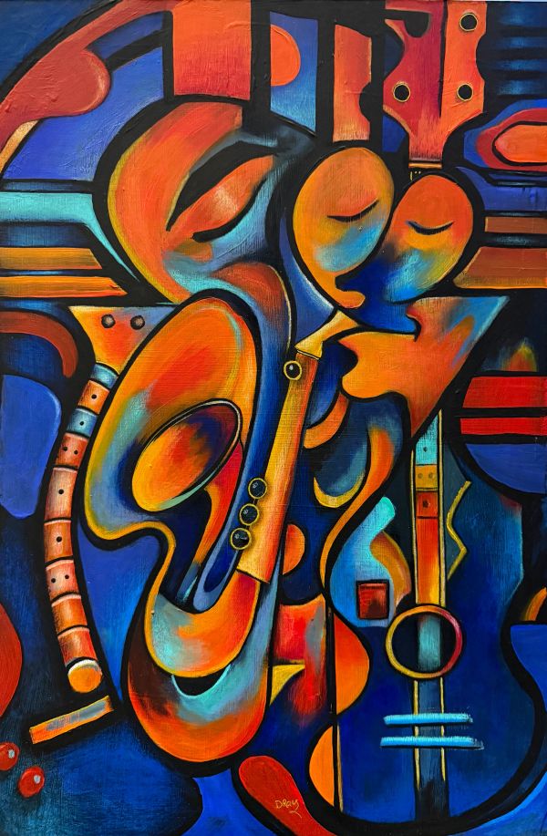 Abstract painting of musicians with vibrant colors.