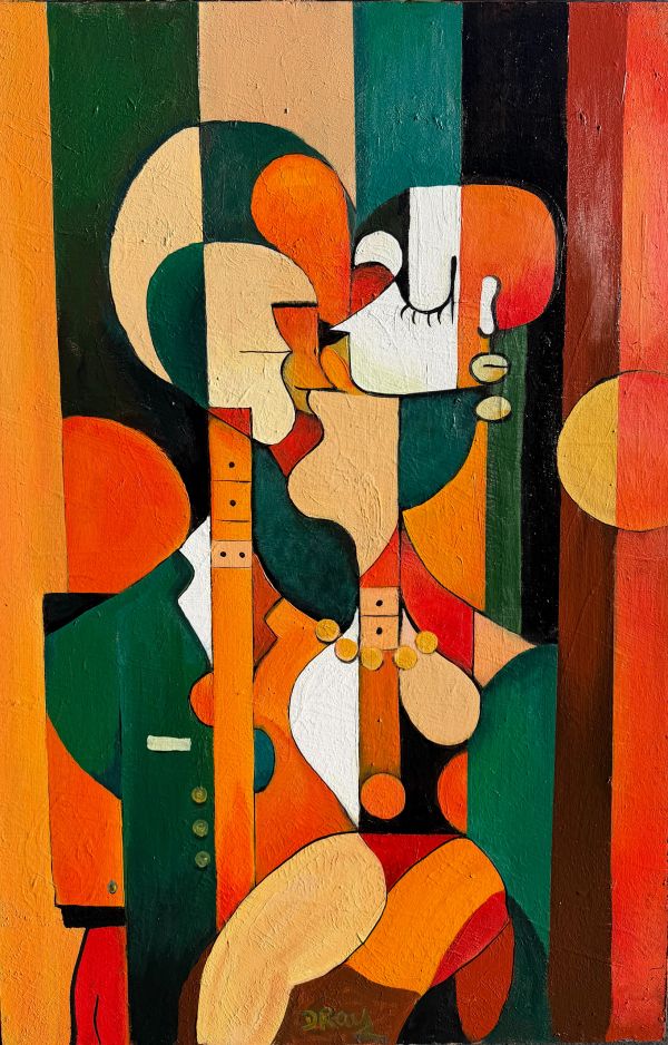 Cubist abstract painting of two figures kissing.