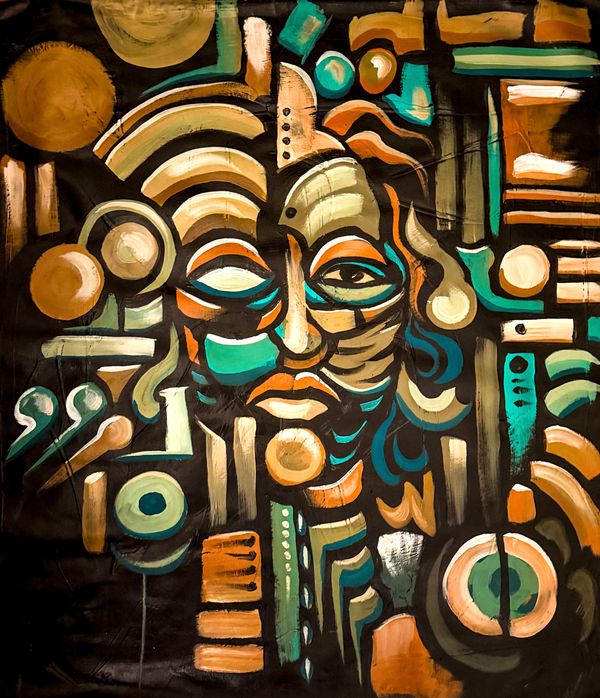 Abstract face painting with geometric shapes and earthy colors.
