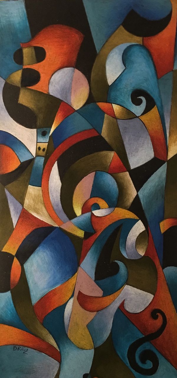 Abstract painting with swirling shapes in blue, orange, and brown tones.