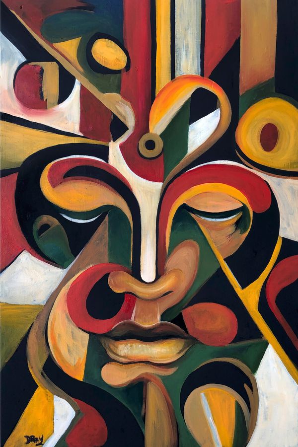 Abstract cubist painting of a serene face with bold colors and geometric shapes.