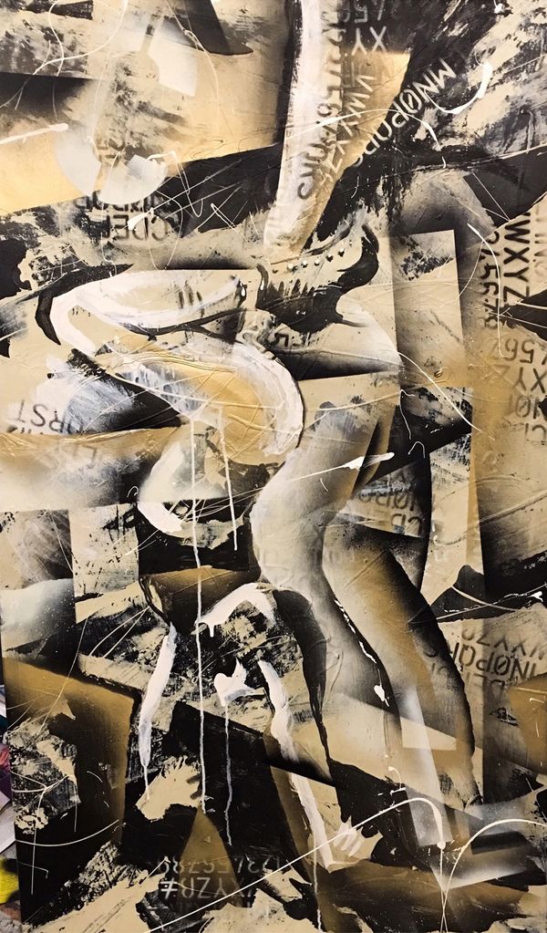 Abstract artwork with earthy tones and fragmented shapes.