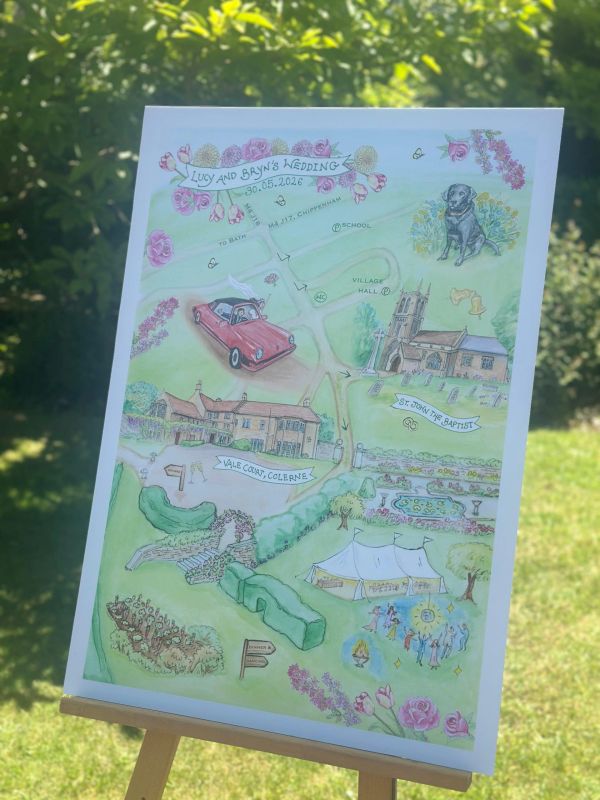 Illustrated wedding map for Lucy and Bryn's 2026 celebration with key locations and charming drawings.