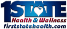 Logo for First State Health &amp; Wellness with a heart symbol and website URL.