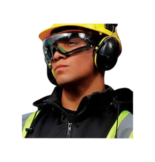 skilled trades person with 3M safety eye glasses, 3M hardhat, 3M Earmuffs and  a Construction jacket