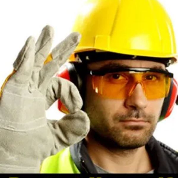Industrial Worker with Protective leather Gloves, Earmuffs, amber safety glasses wearing a yellow ha