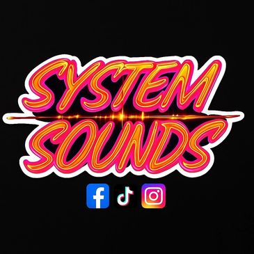 Bright neon "System Sounds" text with social media icons below.