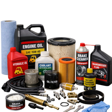 Various automotive maintenance fluids and parts arranged on a white background.