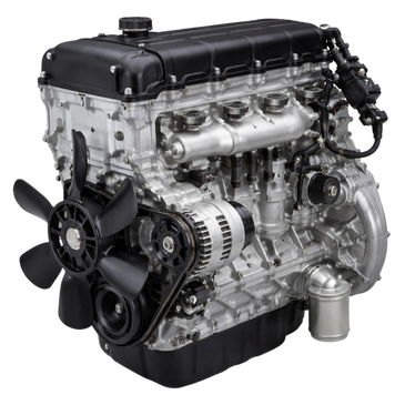 A clean, detailed car engine with visible components and fan.