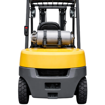 Front view of a yellow and gray forklift with a gas tank.