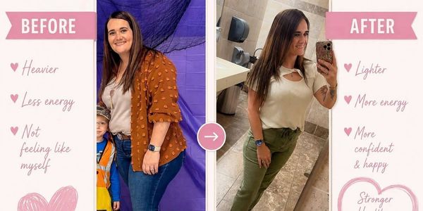 Before and after transformation showing weight loss and increased confidence.