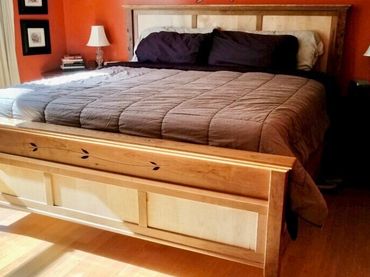 King size platform bed. Cherry with curly maple inset panels. Rosewood inlay.
