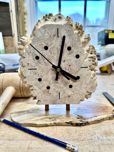 Maple Burl Desk Mantle Clock. Solid Ebony time steps.