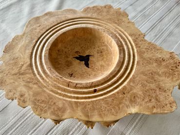 Maple Burl Shallow Bowl with Hummingbird Inlay
