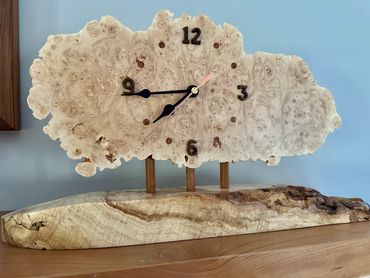 Maple Burl Mantle Clock. Solid maple burl silent sweep clock. Real Walnut numbers. Around 13" long a
