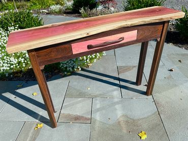 Console Table. Quite rare Pink Ivory Wood top. Brazilian Rosewood base.