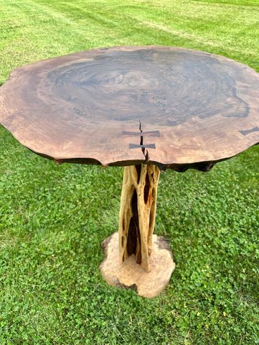High Top pub table, Claro Walnut top, Braziletta wood pedestal