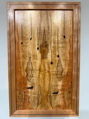 Book matched spalted maple, with rosewood and ebony inlay. Cherry Frame with Ebony and Holly Inlay. 