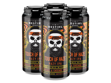 An image of DESTIHL Brewery's Touch of Haze Hazy IPA cans in a retail pack. 