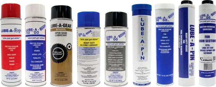 LUBE-A-BOOM family of aerosol and grease products.