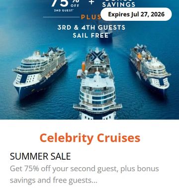 Celebrity Cruises summer sale with big discounts and free guests.